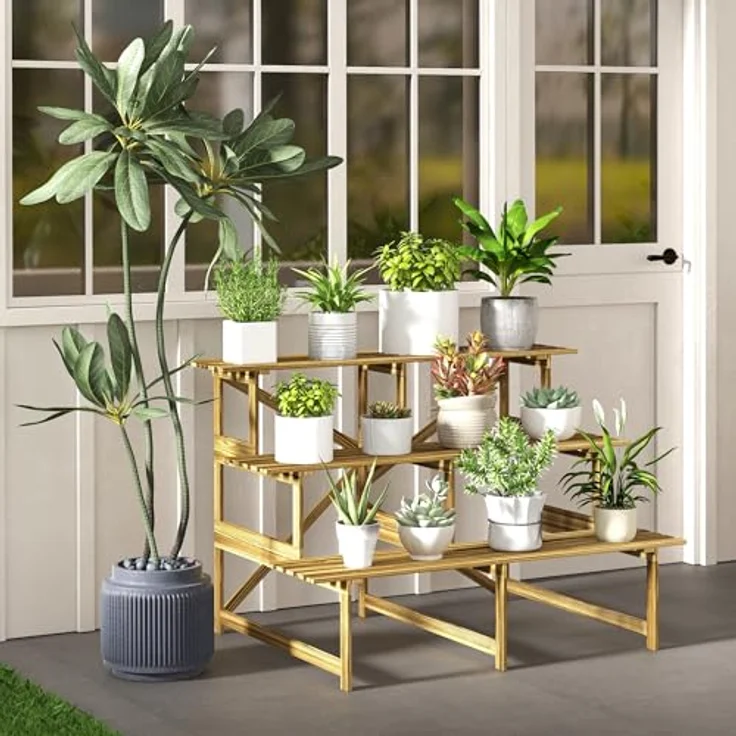 Outsunny 3-Etagen Pflanzenständer, klappbarer Blumenständer aus Holz, 78 cm hoch, naturfarben, für Innen und Außen, max. Tragfähigkeit 90 kg – Bild 2