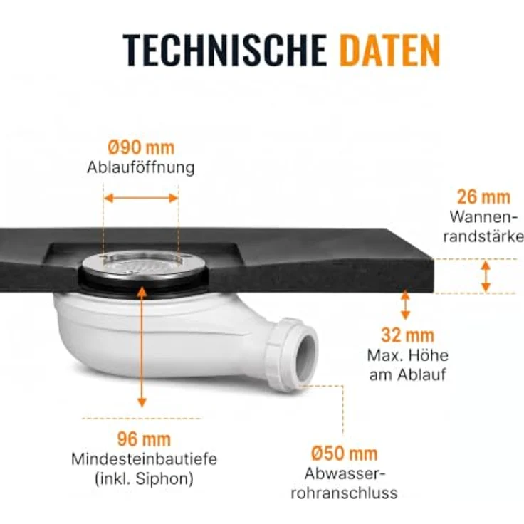 Dalsys Duschwanne 100 x 80cm, Flaches Duschbecken mit Ablaufgarnitur, rutschhemmender Oberfläche in Steinoptik – Bild 2