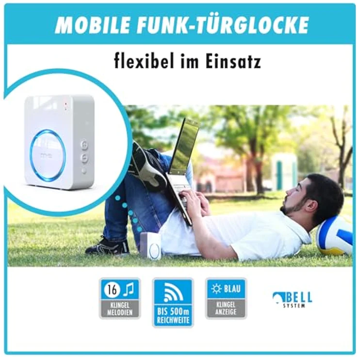 m-e Funkklingel BELL-523 BO, Edelstahl Anthrazit, Erweiterbare kabellose Türklingel mit 300 Meter Reichweite für 3-Familienhaus, Batterie betrieben, 16 Klingeltöne, IP44 spritzwassergeschützt – Bild 2