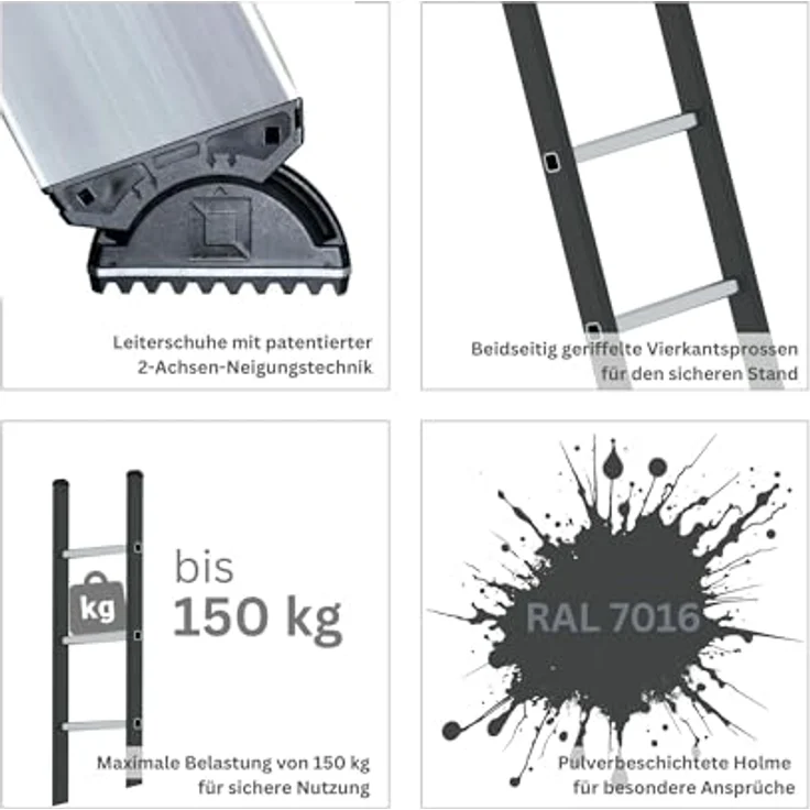 PROREGAL® Anlegeleiter Sprossen-Anlegeleiter, 350 mm breit, Aluminium, max. Belastung 150 kg, Made in Germany – Bild 4