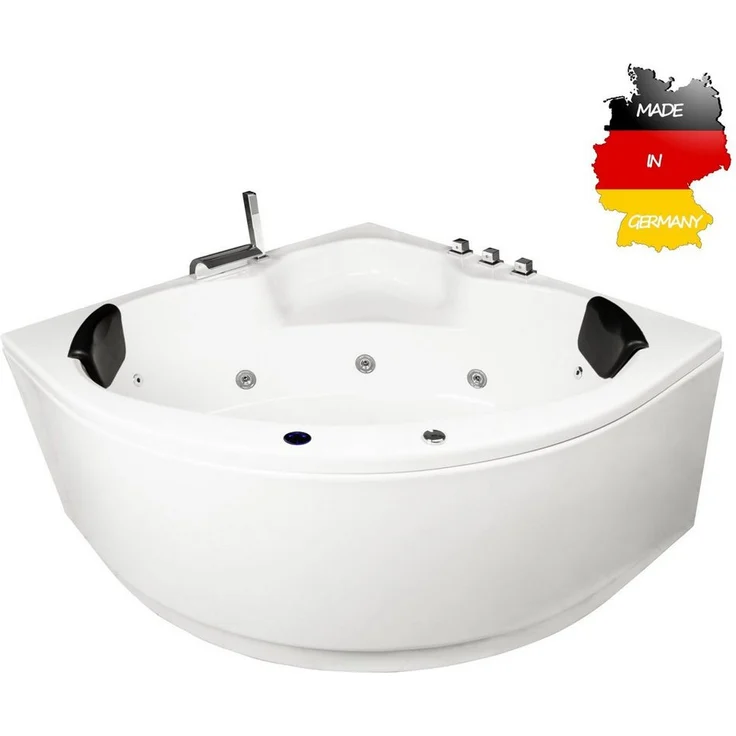 Basera® Whirlpool-Badewanne BASIC Indoor Eck-Whirlpool Badewanne Maui 130 x 130 cm, mit 13 Massagedüsen, Wasserfall, LED - Hochglanz Weiß – Bild 1