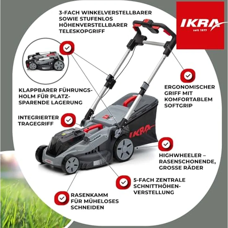 IKRA Rasenmäher IB-LM 38, 3in1, 38cm Schnittbreite, ohne 36V Akku & Ladegerät, textiler Fangkorb 42L, bürstenloser Motor – Bild 5
