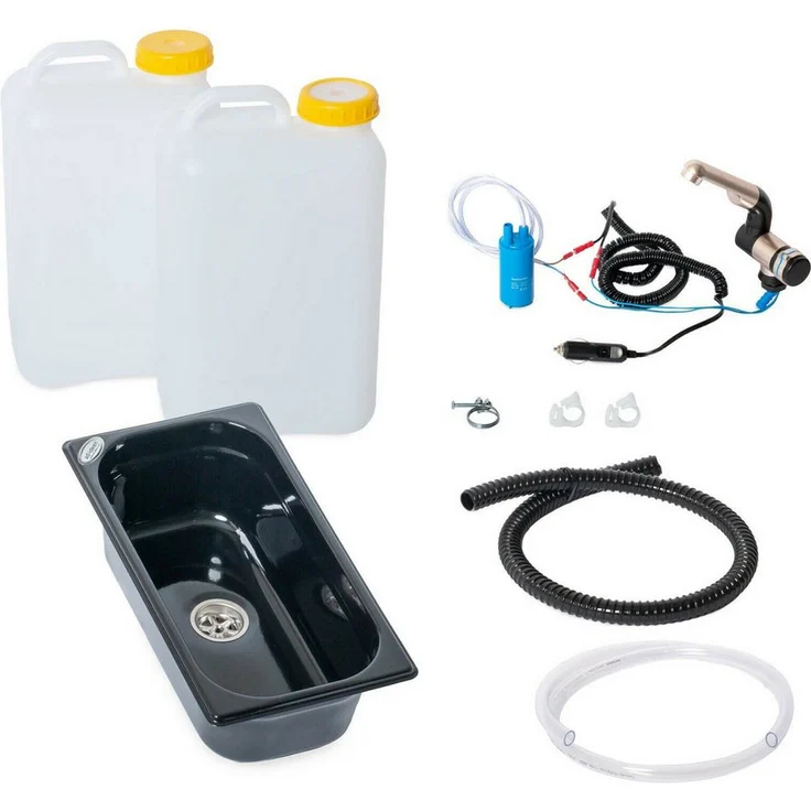 ad-ideen Waschbecken 12V Camping Bausatz, Komplettset mit Frischwasser- und Abwassersystem, Schwarz, 19L für T4, T5, T6, Vito