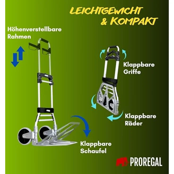 PROREGAL® Profi-Sackkarre ELEPHANT Traglast 250kg Alurahmen ergonomische Griffe Gummiräder, klappbare Schaufel 48x34cm, TPR-Gummiräder, Schwerlastgurt, Klettverschluss – Bild 3