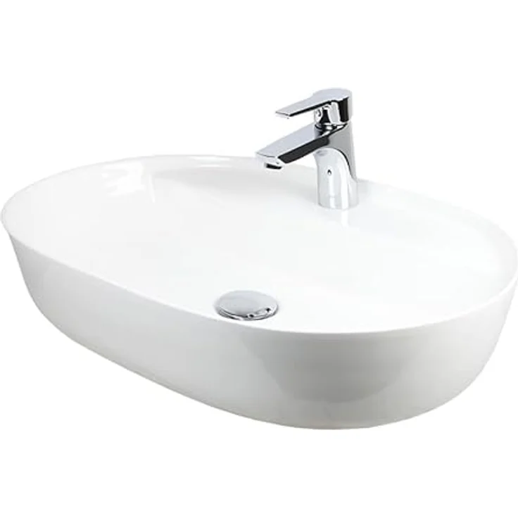 STABILO Sanitaer Keramik Aufsatz Waschbecken Oval 600 x 420 x 135 mm Anschlussset weiß mit Ablage – Bild 4