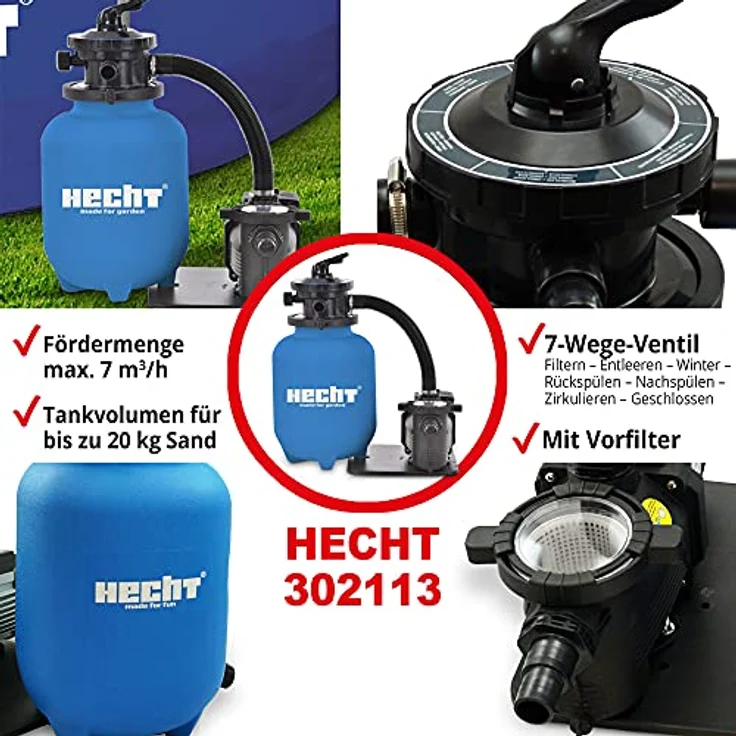 Hecht Sandfilteranlage 302113, 7 m³/h Umwälzleistung, 450W, 20kg Kapazität, 7-Wege Ventil, integrierter Vorfilter – Bild 7