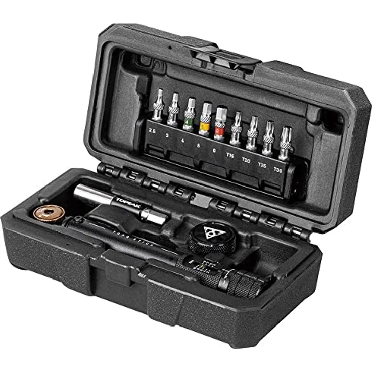 Topeak Torq Stick Pro, Drehmomentschlüssel mit einstellbarem Drehmoment von 2-10 Nm, inkl. Raschenkopf und 9 Bits, Werkzeugbox