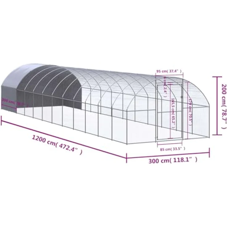vidaXL Hühnerstall, Outdoor-Hühnerstall 3x12x2 m, verzinkter Stahl mit wasserfester Überdachung, Silber/Silbergrau – Bild 3