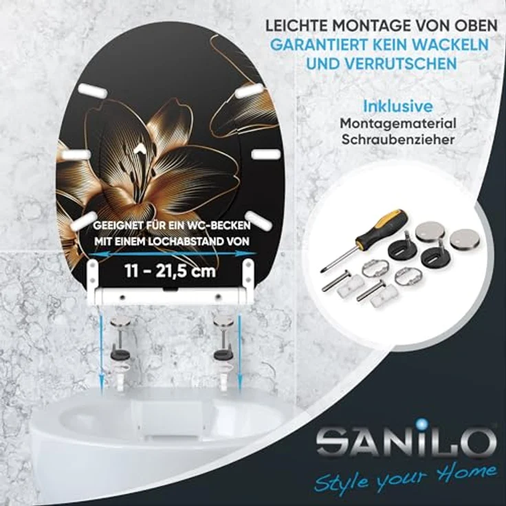 Sanilo WC Sitz mit Absenkautomatik Top Fix Aurelia, bruchfestes Holz, universell passend für handelsübliche WCs, antibakterielle Beschichtung, 4-seitig bedruckt – Bild 6