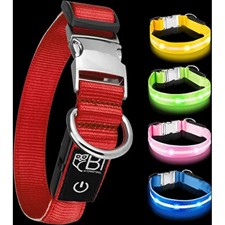 Leuchthalsband für Hunde [Das Original] Leuchtendes LED Hundehalsband zum spazieren gehen auch im Dunkeln- sehr Lange Akkulaufzeit – Sicher Dank hochwertigem Metallverschluss (Rot, L) – Bild 1