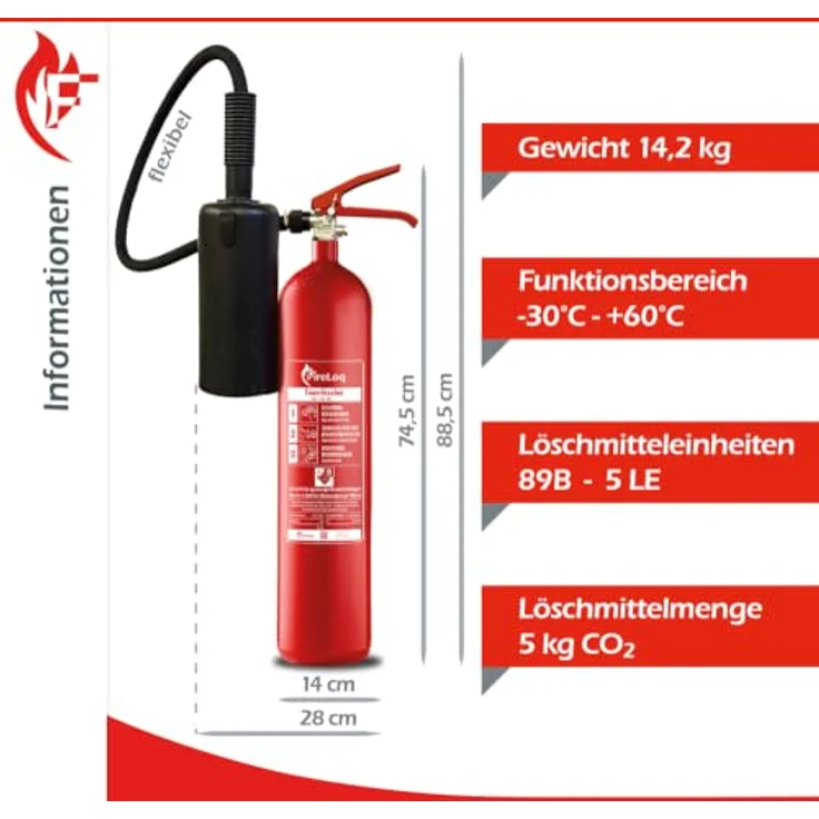 FireLoq 5kg CO2 Feuerlöscher, Dauerdruck mit Messingarmatur, geprüft nach EN3, inkl. Prüfnachweis und Wandhalter – Bild 2