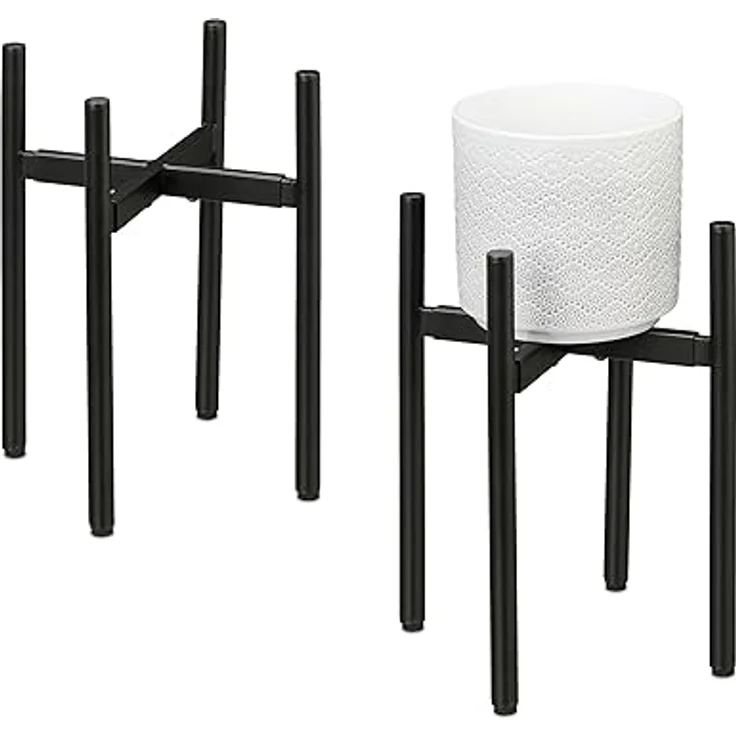 relaxdays Blumenständer Verstellbarer Pflanzenständer 2er Set, Schwarz - Stufenlos verstellbare Breite, robustes Eisen, passend für runde und eckige Blumentöpfe – Bild 2