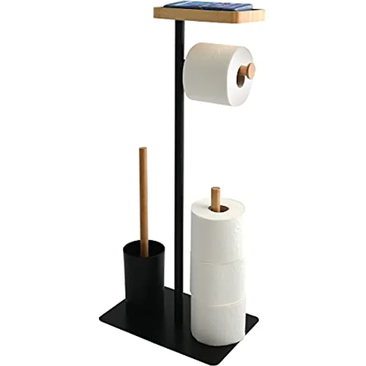 MSV Stand WC Garnitur WC Bürste Rollenhalter Toilettenbürste Klobürste Klopapierhalter aus Bambus Schwarz 4in1 mit Ablage für Feuchttücher und Smartphone Teiki – Bild 3