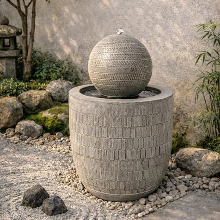 Köhko Gartenbrunnen Kugelbrunnen, moderner Zierbrunnen mit strukturierter Oberfläche und kaltweißer LED-Beleuchtung, 62 cm Höhe – Bild 4