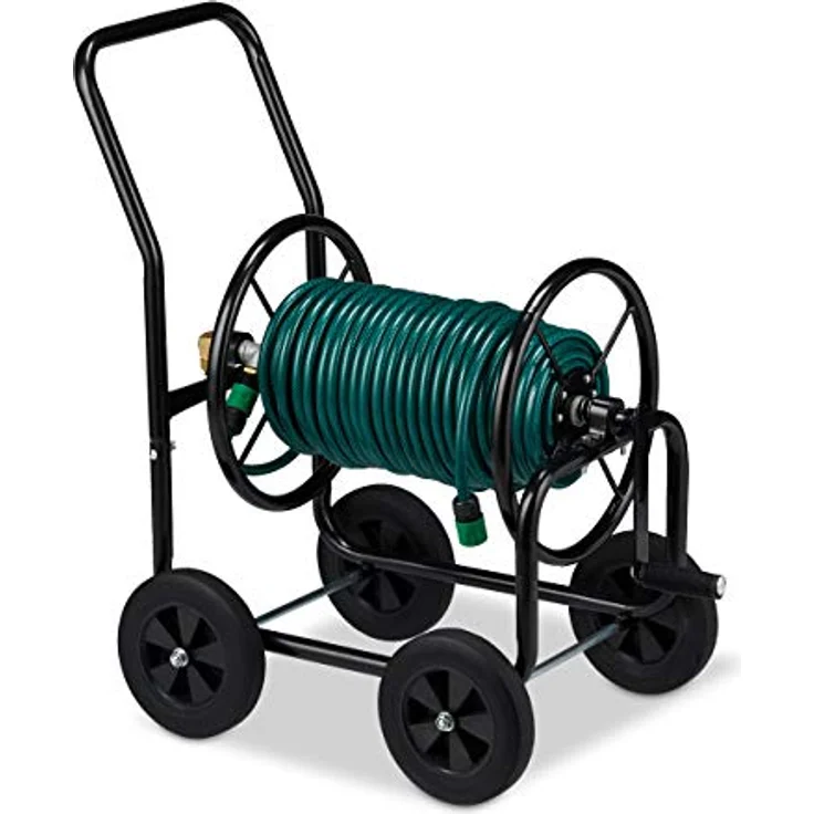 Relaxdays Schlauchwagen Metall, 4 Gummiräder, XL Schlauchtrommel, Kurbel, für 60m Schlauch, HBT 81 x 48 x 80 cm, schwarz – Bild 3