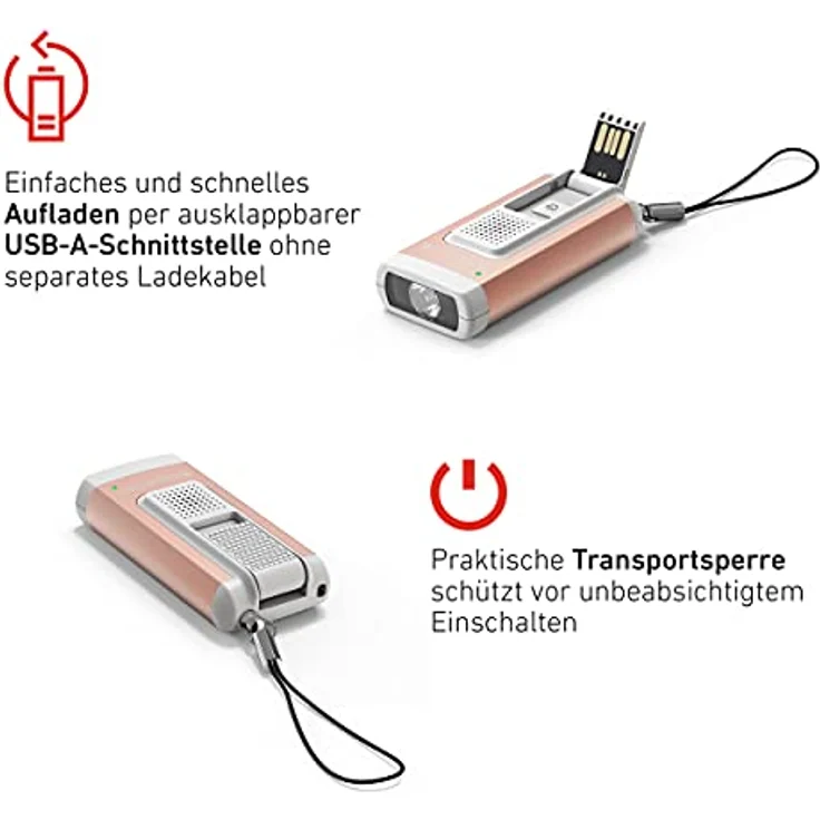 Ledlenser K6R Safety, kompakte Schlüsselbundleuchte, 400 Lumen, wiederaufladbar, mit USB-A-Schnittstelle, mit Schrillalarm-Funktion (Grau) – Bild 2