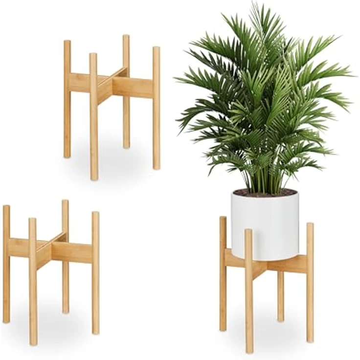 relaxdays Blumenständer Pflanzenständer im 3er Set, XL aus natürlichem Bambus, geeignete Höhen für Blumentöpfe bis 29 cm Durchmesser, Farbe: Natur – Bild 1