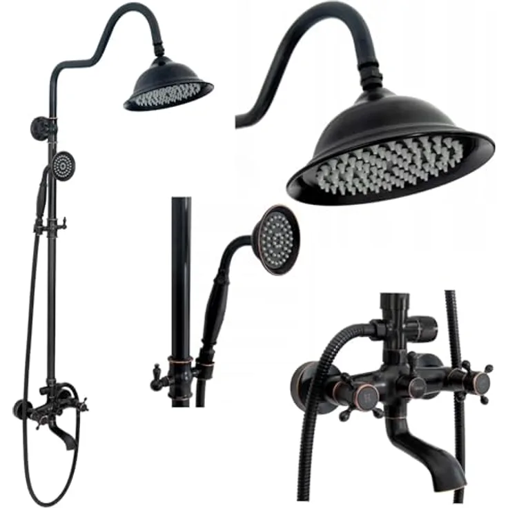Rea Duschsystem Retro Old Black, Duschset mit Messing Duscharmatur und Kopfbrause, Anti-Kalk Düsensystem, Aufputzmontage, mattschwarz