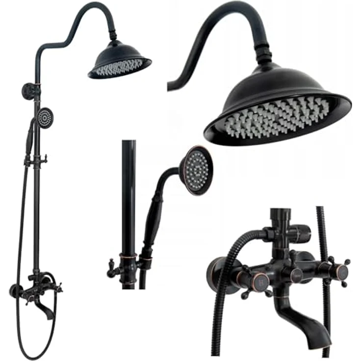 Rea Duschsystem Retro Old Black, Duschset mit Messing Duscharmatur und Kopfbrause, Anti-Kalk Düsensystem, Aufputzmontage, mattschwarz – Bild 1