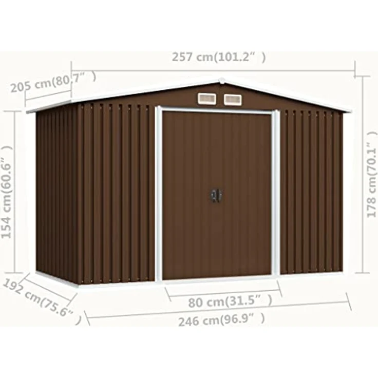 vidaXL Geräteschuppen mit 4 Entlüftungsöffnungen Schiebetür Gerätehaus Gartenhaus Schuppen Gartenschuppen Braun 257x205x178cm Stahl – Bild 4