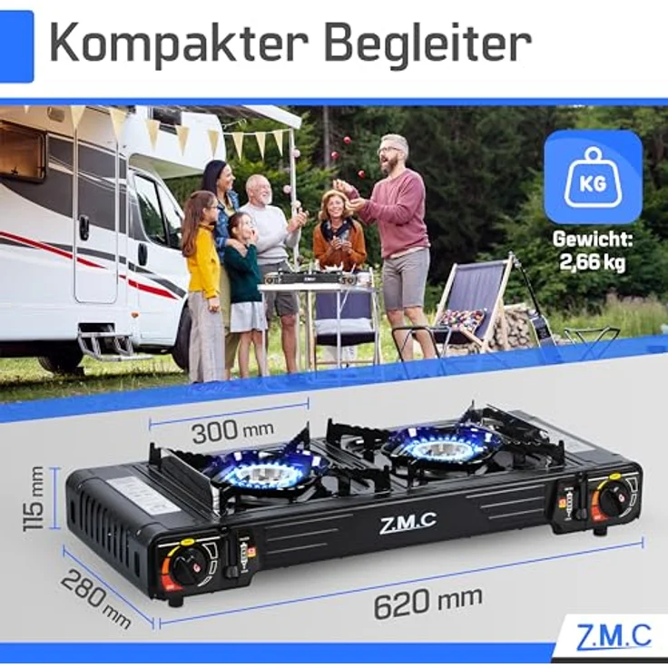 Z.M.C PREMIUM Camping Gaskocher 2-flammig mit Grillplatte 45x24 cm, 4 Gaskartuschen 227g, Piezozündung und Zündsicherung für Outdoor und Innenraum – Bild 2