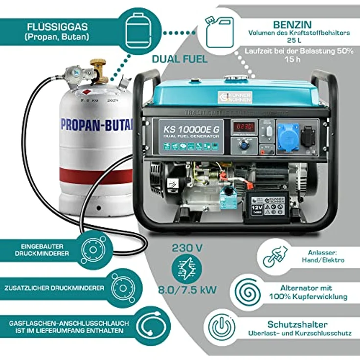 Könner & Söhnen - KS 10000E G Hybrid Stromerzeuger 8000 Watt, DUAL FUEL Benzin-LPG, E-Start, 1x16A (230V), 1x32A (230V), 12V, Automatischer – Bild 2