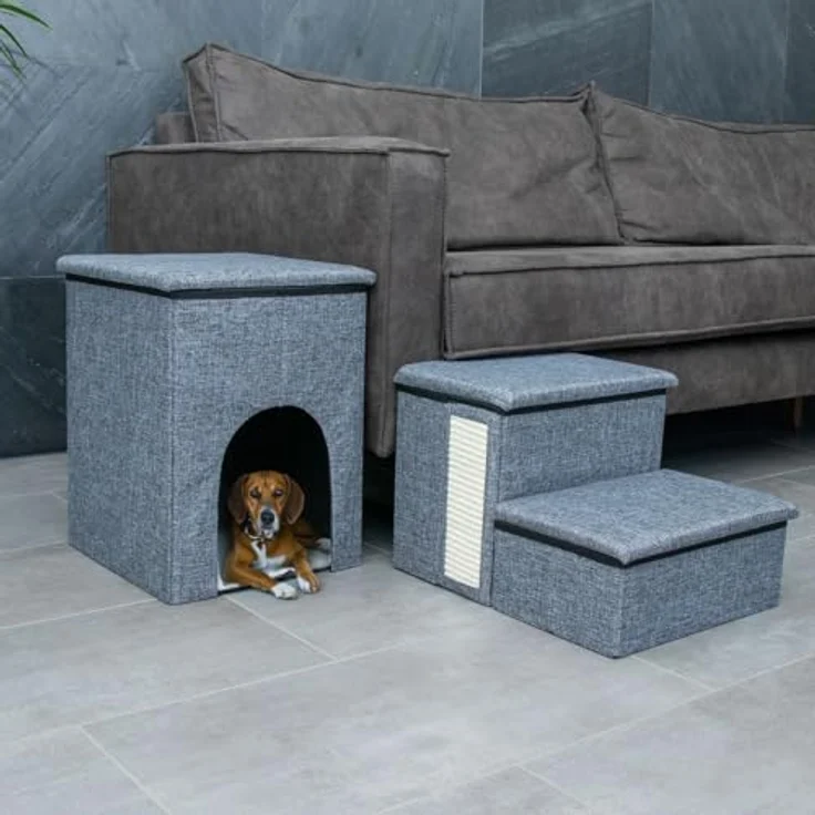 Intirilife Faltbare Hundetreppe mit 3 Stufen in Grau - Haustiertreppe mit Stauraum, Kratzmatte, Höhle - Ideal für kleine Hunde – Bild 5