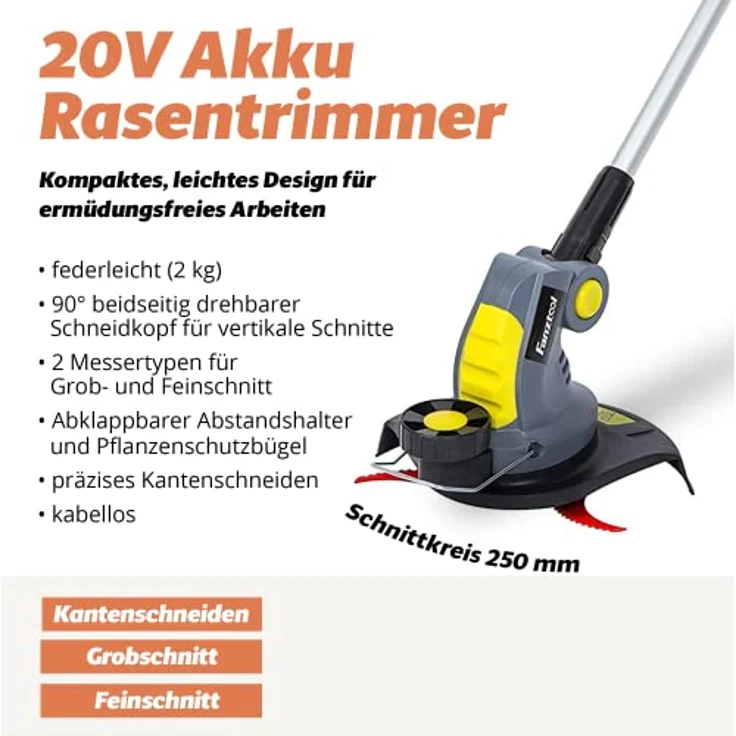 FANZTOOL Akku Rasentrimmer 20V, inkl. 2Ah Akku, Ladegerät, Gerade Messer für Glatt- und Feinschnitt Und gekrümmte Messer mit Zähnen für Grobschnitt – Bild 2