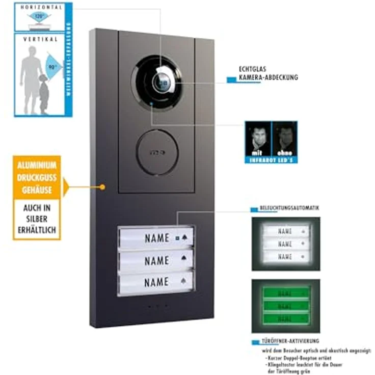 m-e modern-electronics VD ALU 6109 A/W Video-Türsprechanlage, Komplett-Set mit 3 Außen- und 4 Innenstationen, Weiß (glänzend), Anthrazit, ultra-flaches Design, ausgezeichnete Sprachqualität – Bild 2