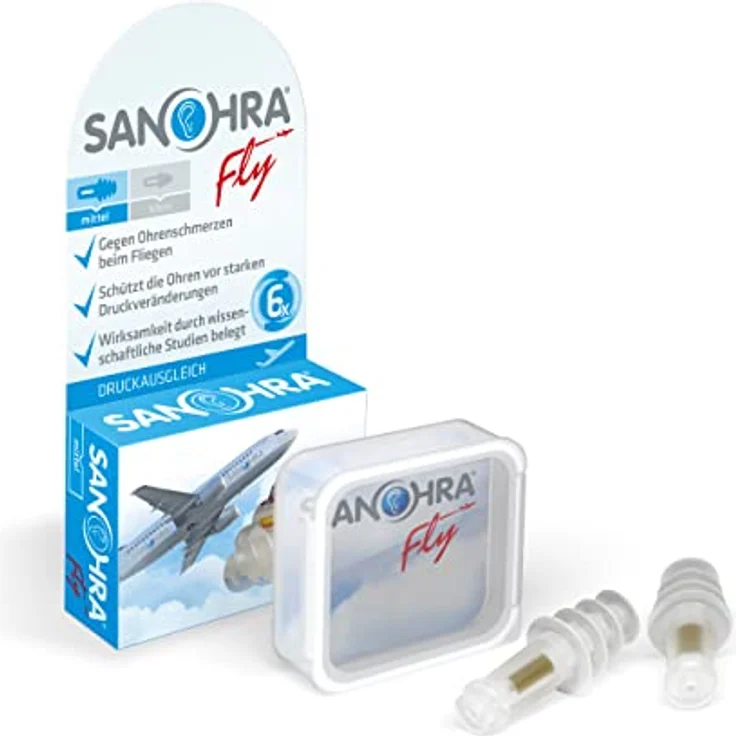 SANOHRA fly Ohrstöpsel für Erwachsene- schmerzfreies Fliegen - Ohrenstöpsel erleichtern den Druckausgleich im Flugzeug - 24 dB SNR Lärmdämmung - mehrfach verwendbar - 1 Paar – Bild 1