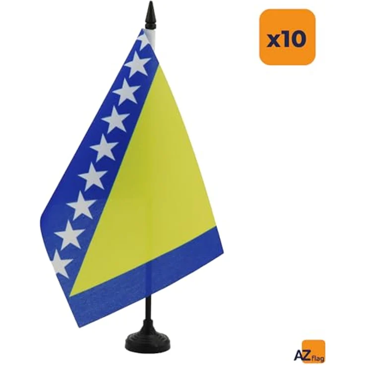 AZ FLAG Tischflagge Bosnien und Herzegowina, 21 x 14 cm – 10 kleine Polyester-Büroflaggen mit 25 cm Fahnenstange und schwarzem Kunststoffsockel – Bild 2