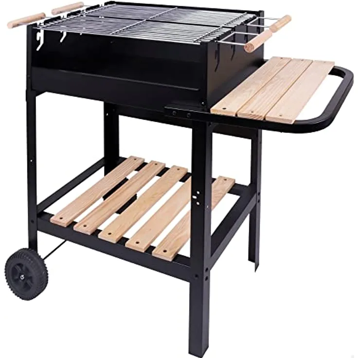 AKTIVE 52975 Holzkohle- und Holzkohlegrill mit doppeltem Grill, 100,5 x 40 x 88,5 cm, 3 höhenverstellbar, 2 integrierte Rollen für einfachen Transport, emailliertes Metall und Holz
