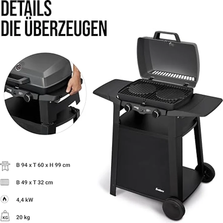 Enders Tisch-Gasgrill URBAN PRO II TROLLEY, mit 2 Edelstahlbrennern, emailliertem Gussrost und abnehmbaren Seitentischen, für Balkon und unterwegs – Bild 5