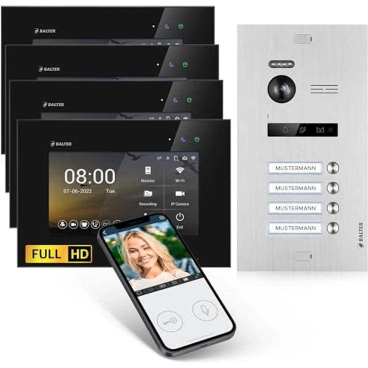 Balter EVO HD Video-Türsprechanlage, Komplettset für 4 Familienhaus, 4x 7-Zoll HD-Monitore, Full HD-Kamera, 2-Draht-Bus, Silber/Schwarz – Bild 1