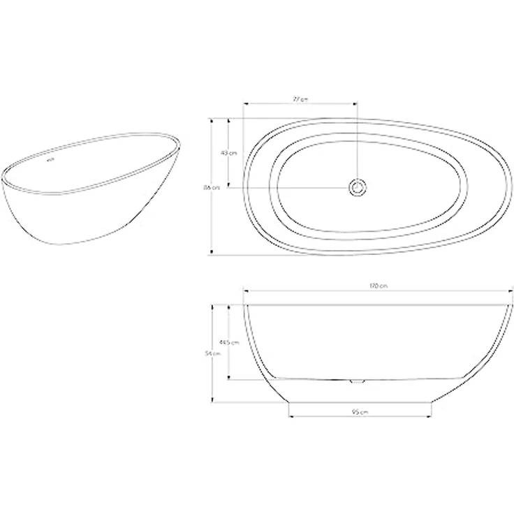 Bernstein VELA Freistehende Badewanne, Mineralguss Solid Stone, Weiß Matt, 170x86 cm, mit Pop-up-Verschluss und Überlauf – Bild 7