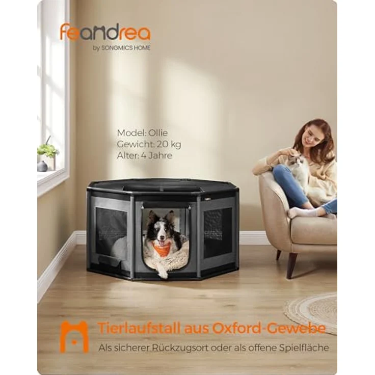 Feandrea Welpenauslauf Oxford-Gewebe, Hundekäfig L mit PVC-Rahmen, atmungsaktives Netz, Seitentasche, schiefergrau-tintenschwarz 112 x 112 x 62 cm – Bild 2