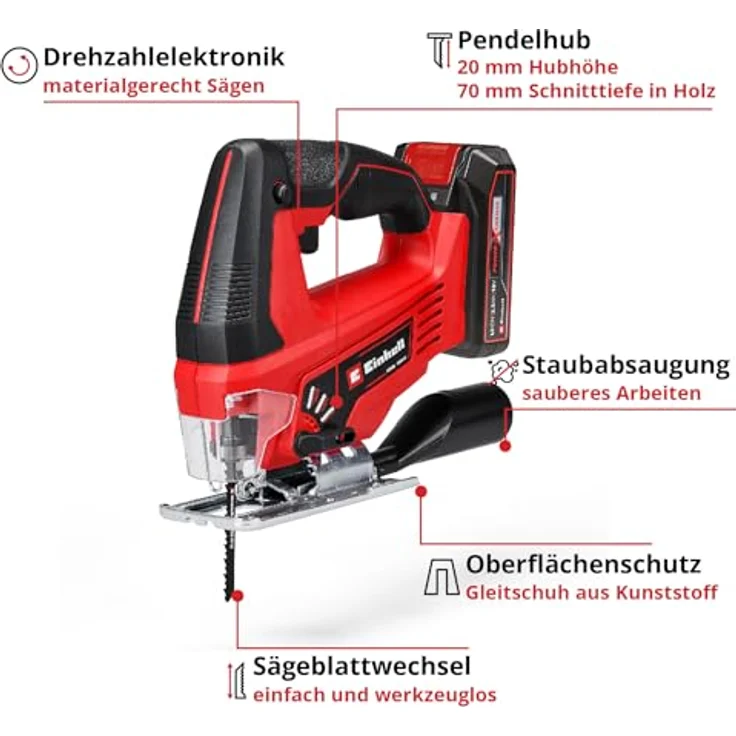 Einhell Akku-Stichsäge TC-JS 18/70 Li, Set, mit 2,5 Ah Akku und Ladegerät, für exakte Schnitte bis 70 mm Tiefe – Bild 3