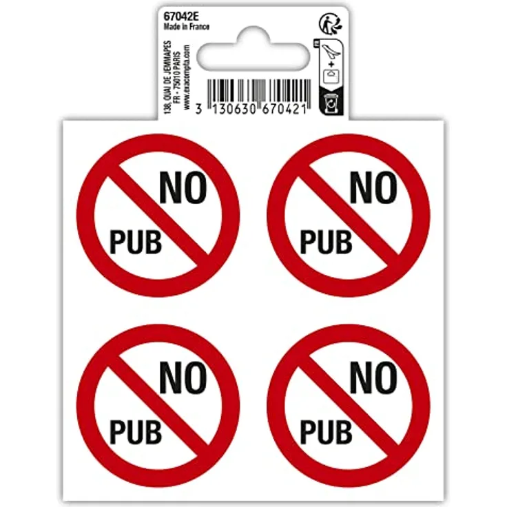 Exacompta - 67042E - 1 Piktogramm No pub (x4 auf einem Brett) für Briefkasten. Kein Pub - Stop Pub - aus behandeltem PVC-Vinyl - Maße: 10 x 10 cm