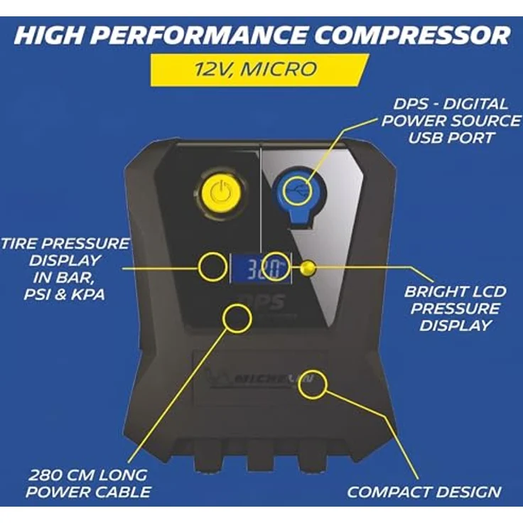 MICHELIN 12V Luftkompressor Micro, Programmierbare digitale Reifenpumpe mit präzisem LED-Display und USB-Anschluss, ideal für Auto, SUV und Fahrrad – Bild 5