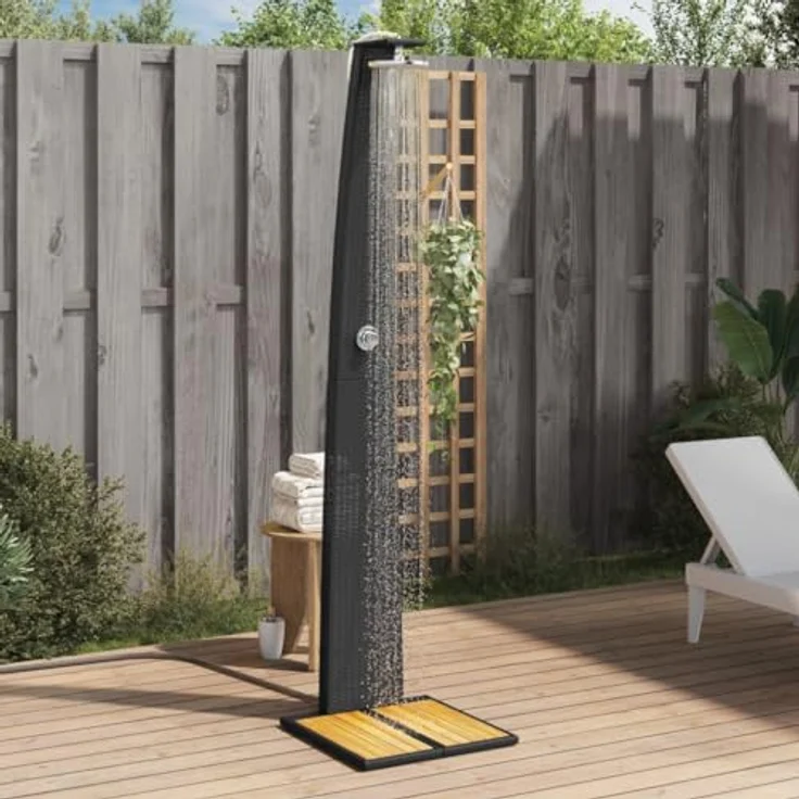 vidaXL Gartendusche aus Poly Rattan, stabil mit Akazienholz-Boden, schwarz – Bild 2