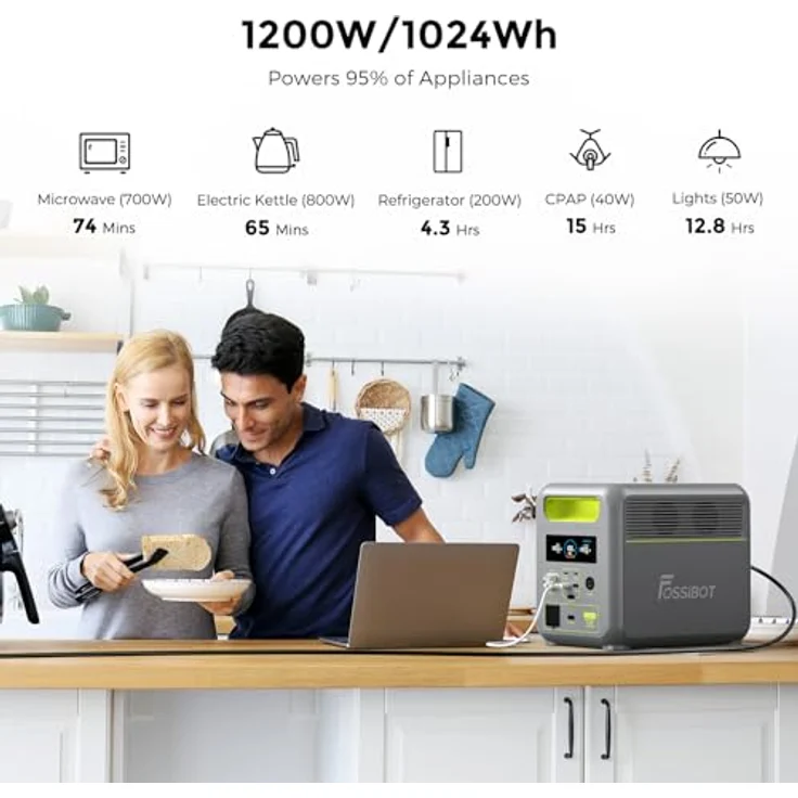 FOSSiBOT Tragbare Powerstation F1200, 1024Wh LiFePO4 Solargenerator mit 2 1200W AC Ausgängen, 100W Typ-C, 45 Min. Schnellladung, für Reise, Camping, Hausgebrauch – Bild 2