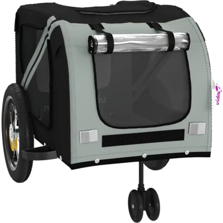 vidaXL Hunde-Transportbox Fahrradanhänger Hunde Grau und Schwarz Oxford-Gewebe und Eisen, mit PVC-Dach und Reflektoren - Preisvergleich – Bild 5