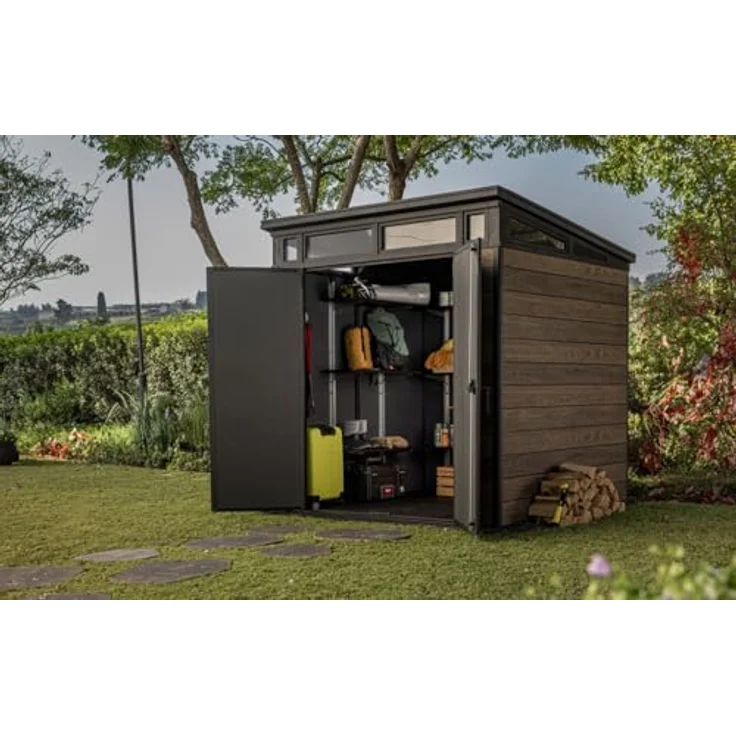 Keter Gartenhaus Keter Kunststoff Gerätehaus Signature Walnuss 7x7, wetterfest und stahlverstärkt, walnussbraun/anthrazit – Bild 2