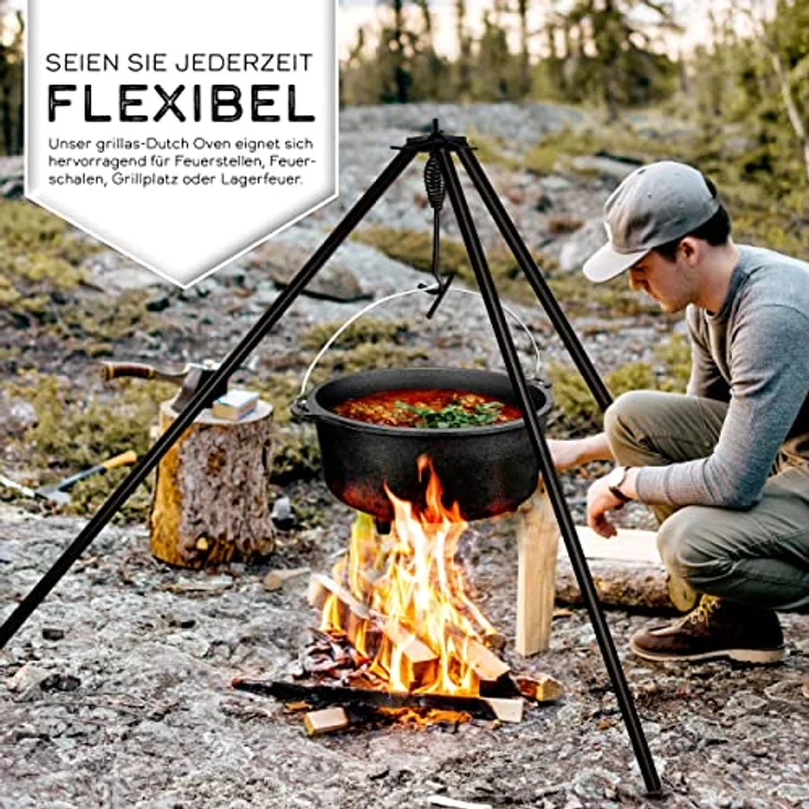 grillas Dutch Oven Set 4,2 Liter - Topf mit Füße Deckelheber BBQ Gusseisen Feuertopf Gusstopf Schmortopf – Bild 7