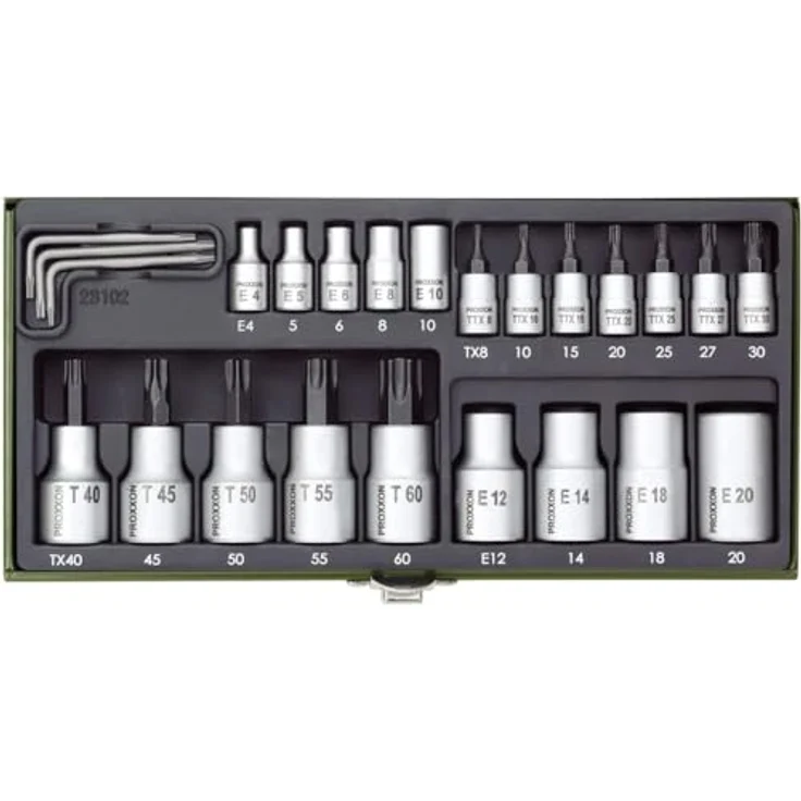 PROXXON INDUSTRIAL Bohrer- und Bitset 23102, 24-teiliges TX-Steckschlüssel-Spezialsatz mit pulverbeschichtetem Stahlkasten und unverwüstlicher Formeinlage aus Polypropylen – Bild 2