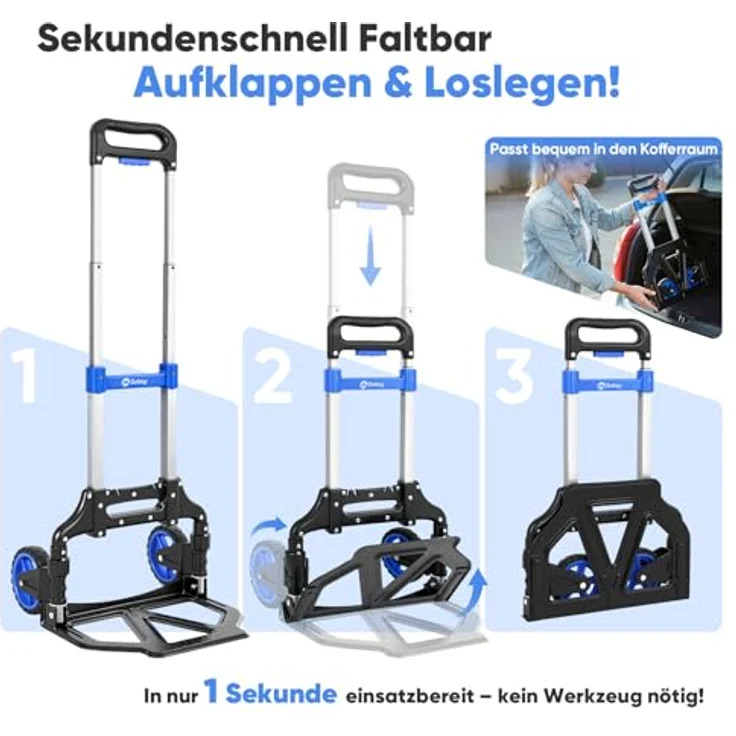 Sekey Sackkarre Alu Transportkarre klappbar, bis 80 kg Tragfähigkeit, 3-stufig höhenverstellbar, ideal für Umzüge und Einkäufe, schwarz/blau – Bild 2