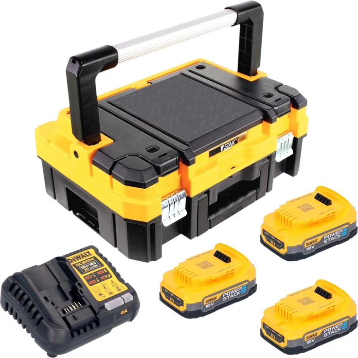 DeWalt DCB 1104 E3T Akku Starter Set 18 V mit 3x Powerstack Akku 1,7 Ah, Schnellladegerät und TSTAK Transportbox