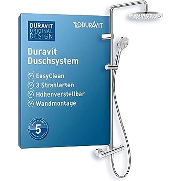 Duravit Duschsystem, Shower System mit 3 Strahlarten (Rain, Intense Rain, Soft Rain), Kopfbrause im Winkel verstellbar, Duschset reinigungsfreundlich, Handbrausenhalterung höhenverstellbar, Chrom – Bild 1