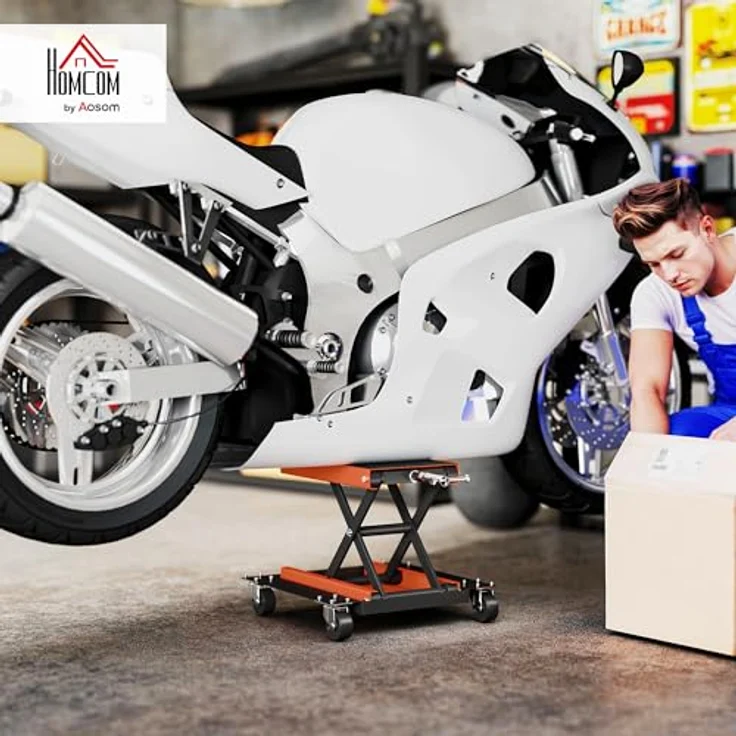 HOMCOM Motorradhebebühne 500 kg, höhenverstellbar von 135-390 mm, mit rutschfester Plattform und 360° drehbaren Rädern, für Garage & Außenbereiche – Bild 2
