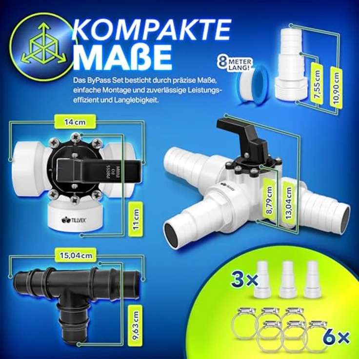 tillvex® Bypass Set Pool, 12-teiliges Set für Solarheizung, Wärmepumpe & Sandfilteranlage, Ø32 & 38 mm Anschlüsse, inkl. 3-Wege-Ventil und Adapter – Bild 8